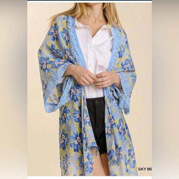 Umgee USA Sheer Floral Print Open Front Kimono Crochet Boho Beachy Artsy,sizeS/M - Picture 1 of 12